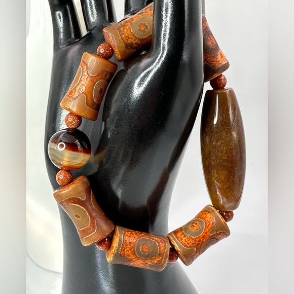 OCEAN JASPER + 3 EYE TIBETAN AGATE NATURAL STONES BRACELET size 7” - Picture 4 of 14